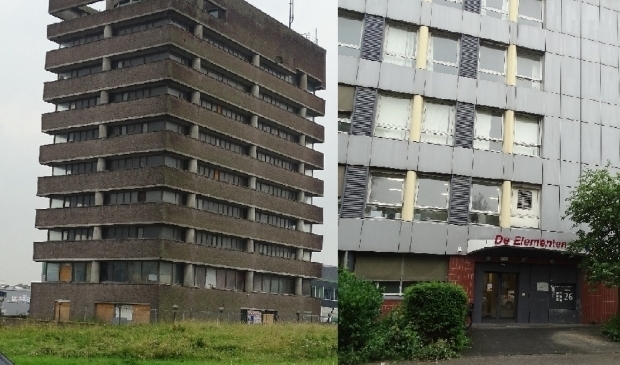 <p>Het voormalige HydroAgri-kantoor (links) en De Elementen krijgen een woonbestemming. (foto's: DPG/gsv)</p>