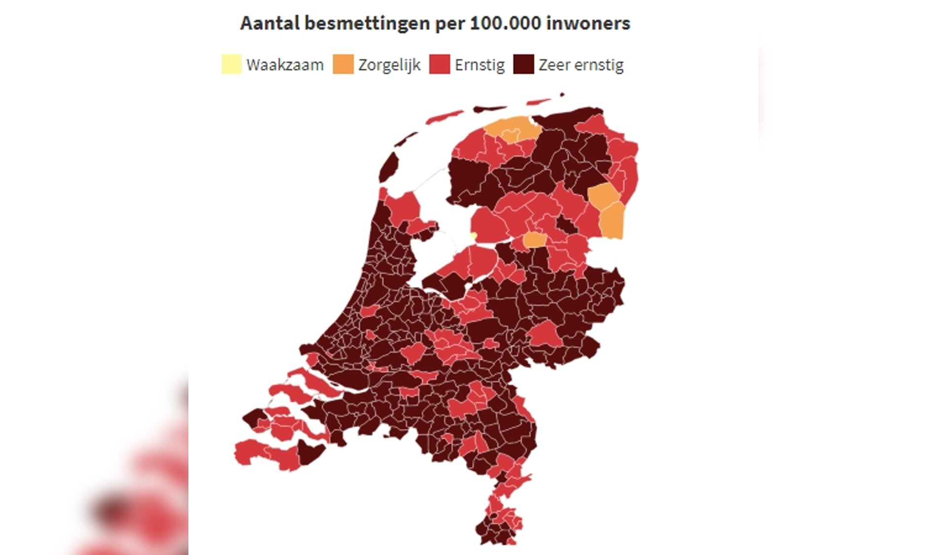 In bijna heel Nederland is de situatie nu 'ernstig' tot 'zeer ernstig'. (Foto: RIVM) 