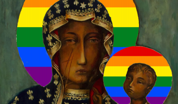 <p pstyle="PLAT">Poster van Maria met een regenboog-aureool, waarvan verspreiding leidde tot vervolging in Polen.</p>