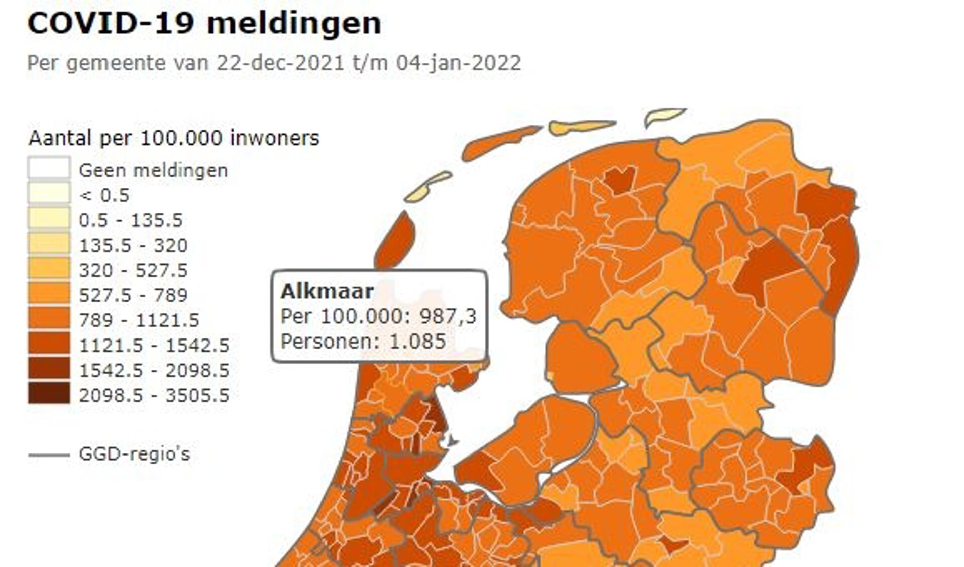 Alkmaar kleurt oranje op de covid-kaart van Nederland.