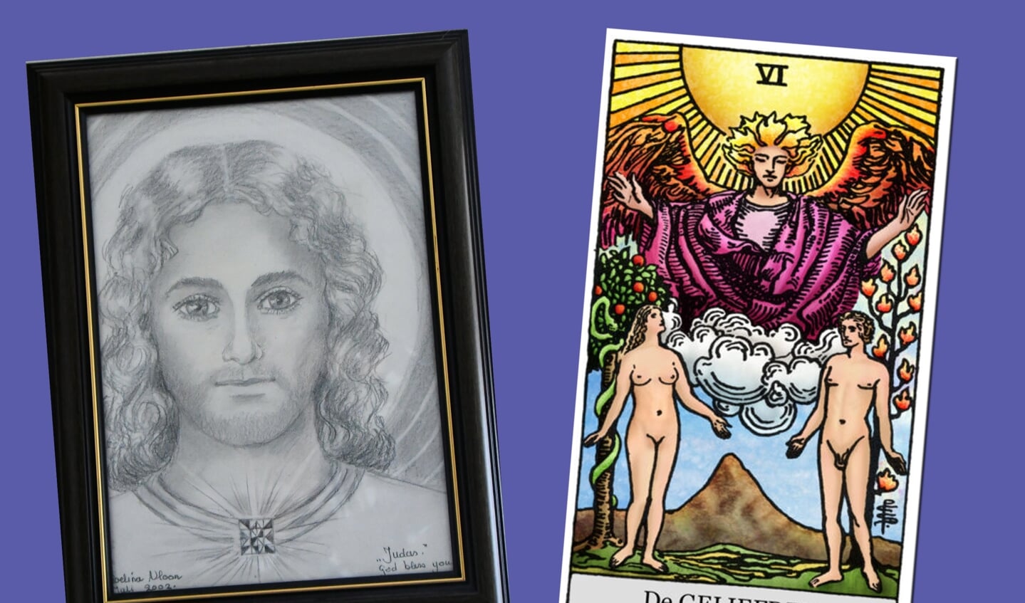 Links, tekening van Judas, de spirituele gids van Eva en rechts de Tarotkaart van het jaar 2022, De Geliefden. 