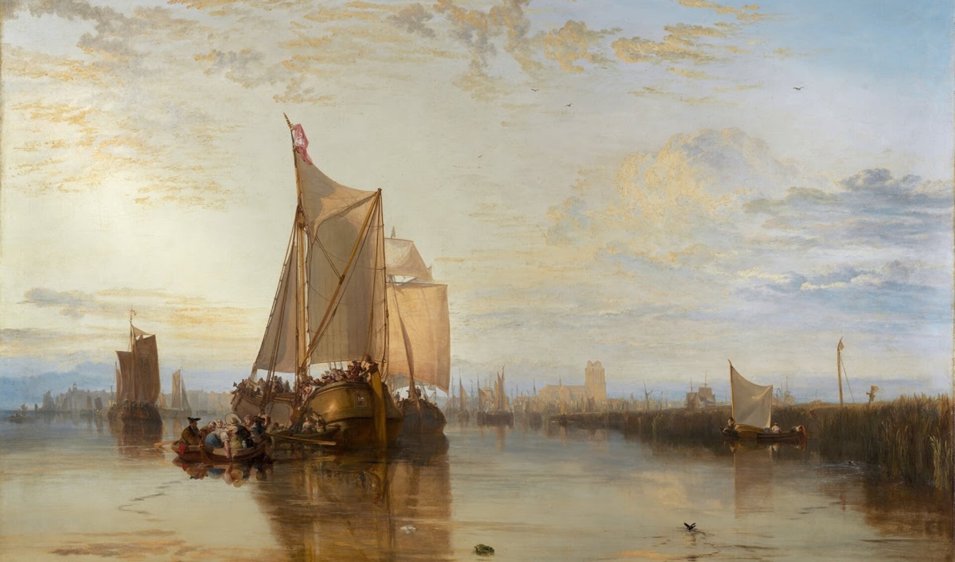 Schilderij van J. Turner uit 1818. Titel: Dordtse pakketboot uit Rotterdam wachtend op het keren van het tij.