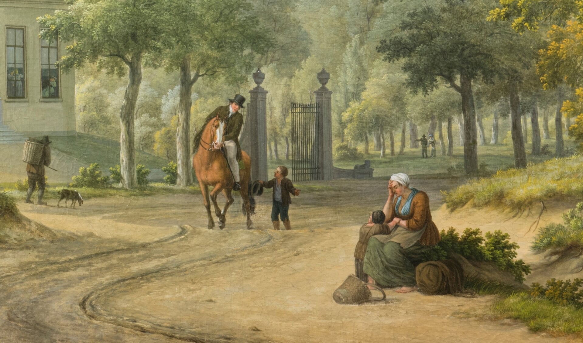 Mogelijk verwijst het bedelende jongetje op de wandschildering in de tuinkamer van het Honig Breethuis naar de steun die de familie Breet aan armen en behoeftigen gaf. Wandschildering van Willem Uppink uit 1830.
