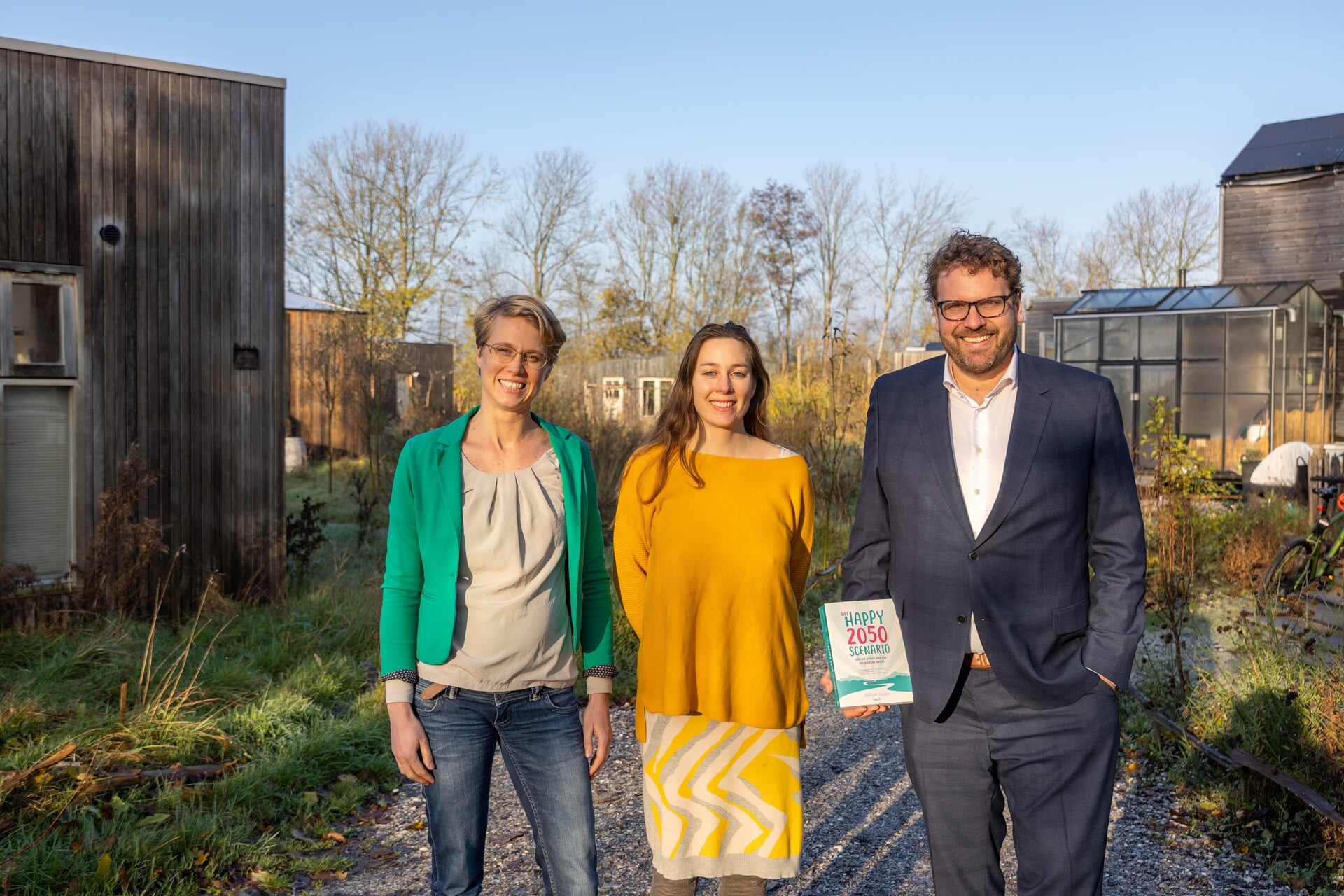 Burgemeester Maarten Poorter ontmoet klimaatburgemeesters Petra van Kleef (l) en Iris van Asselt.