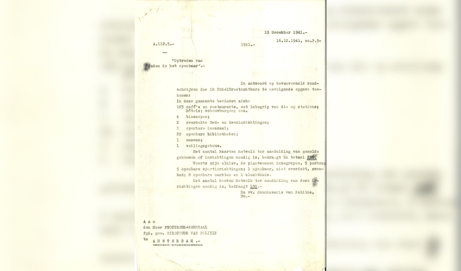 Document uit het archief van de gemeentepolitie Alkmaar over het doorgeven van het totaalaantal benodigde borden met de tekst ‘Voor joden verboden’ (250 stuks). 