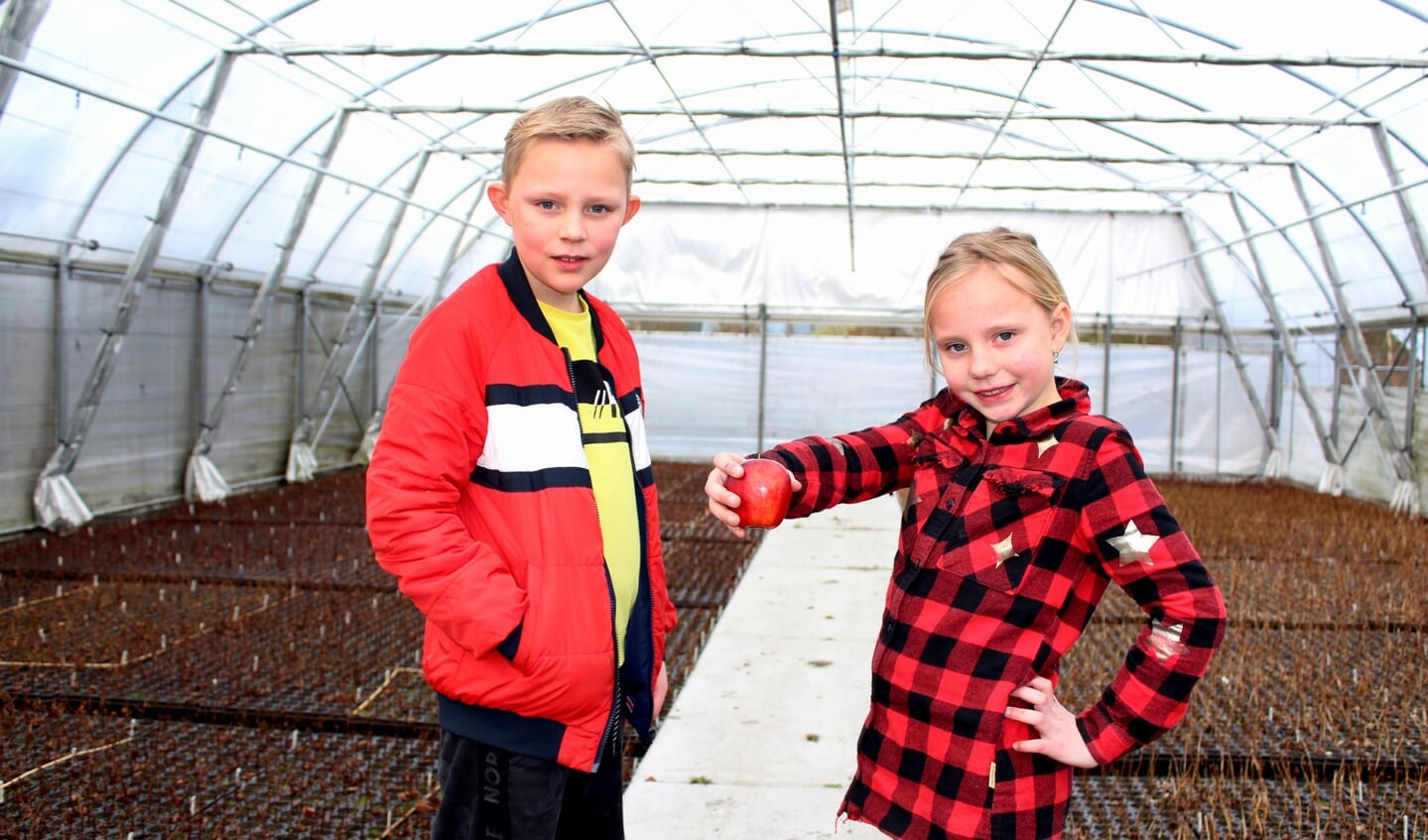 Boas en Fenna poseren met een appel in de kas van vader Bas Niesing. 