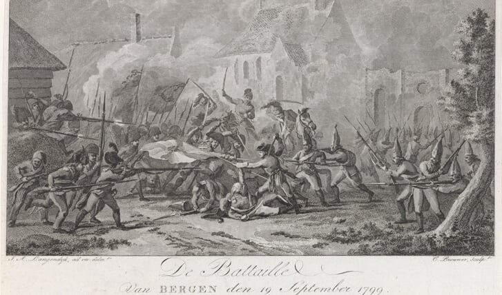 “De Bataille van Bergen den 19e September 1799”. Cornelis Brouwer naar J.A. Langendijk, naar het leven getekend, J. Groenewoud, excudit. Datering: 1799-1803.