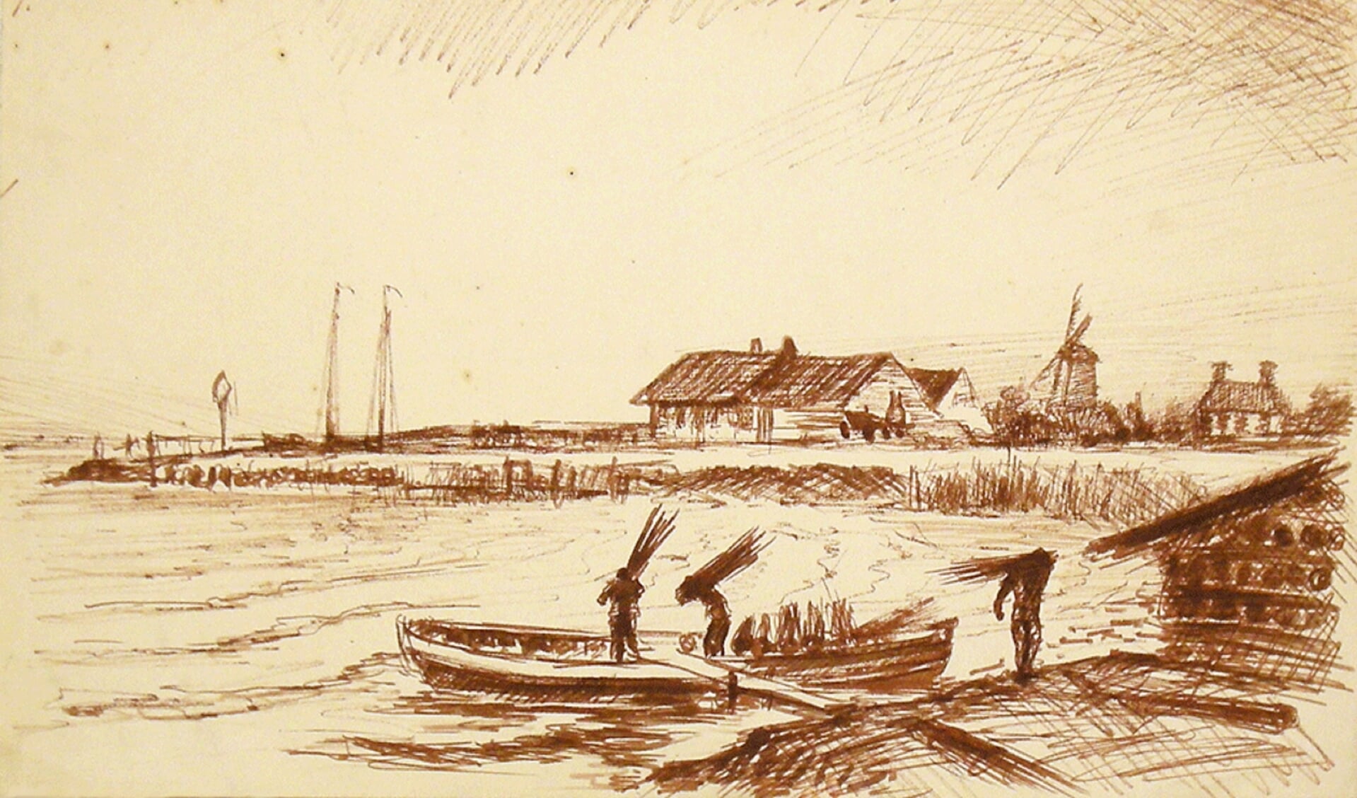 Zinkstukken maken, Rozenburg (bruine vilstift op papier, 1954 – Henk Fortuin) 