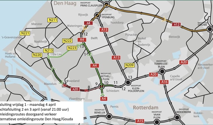 Kaartje met omleidingen en weekendafsluiting A20 tussen Maassluis en Vlaardingen-West.