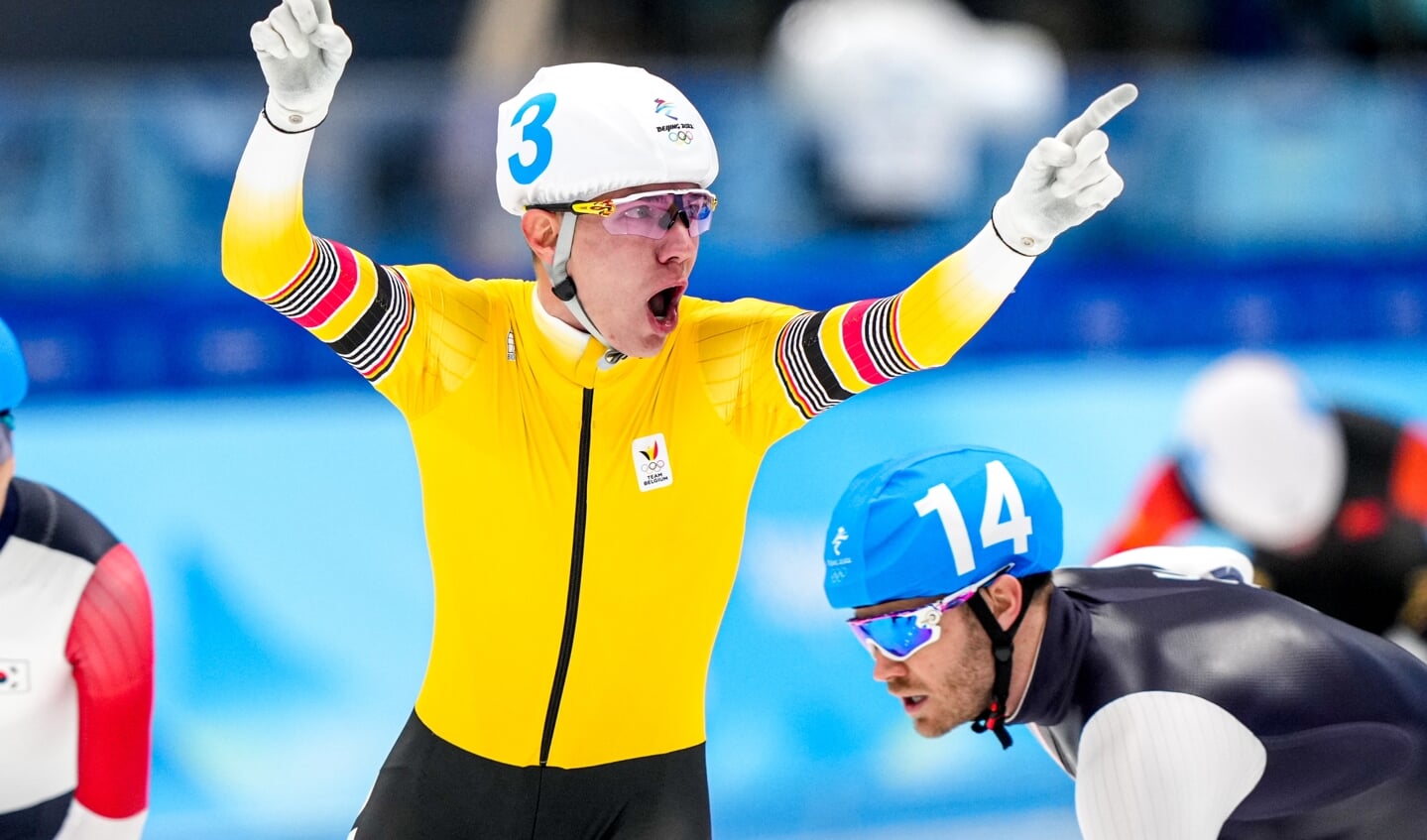 BEIJING, CHINA - FEBRUARY 19: Bart Swings of Belgium celebrating competing on the Men's Mass Start Final during the Beijing 2022 Olympic Games at the National Speed Skating Oval on February 19, 2022 in Beijing, China (Photo by Douwe Bijlmsa/Orange Pictures) NOCNSF