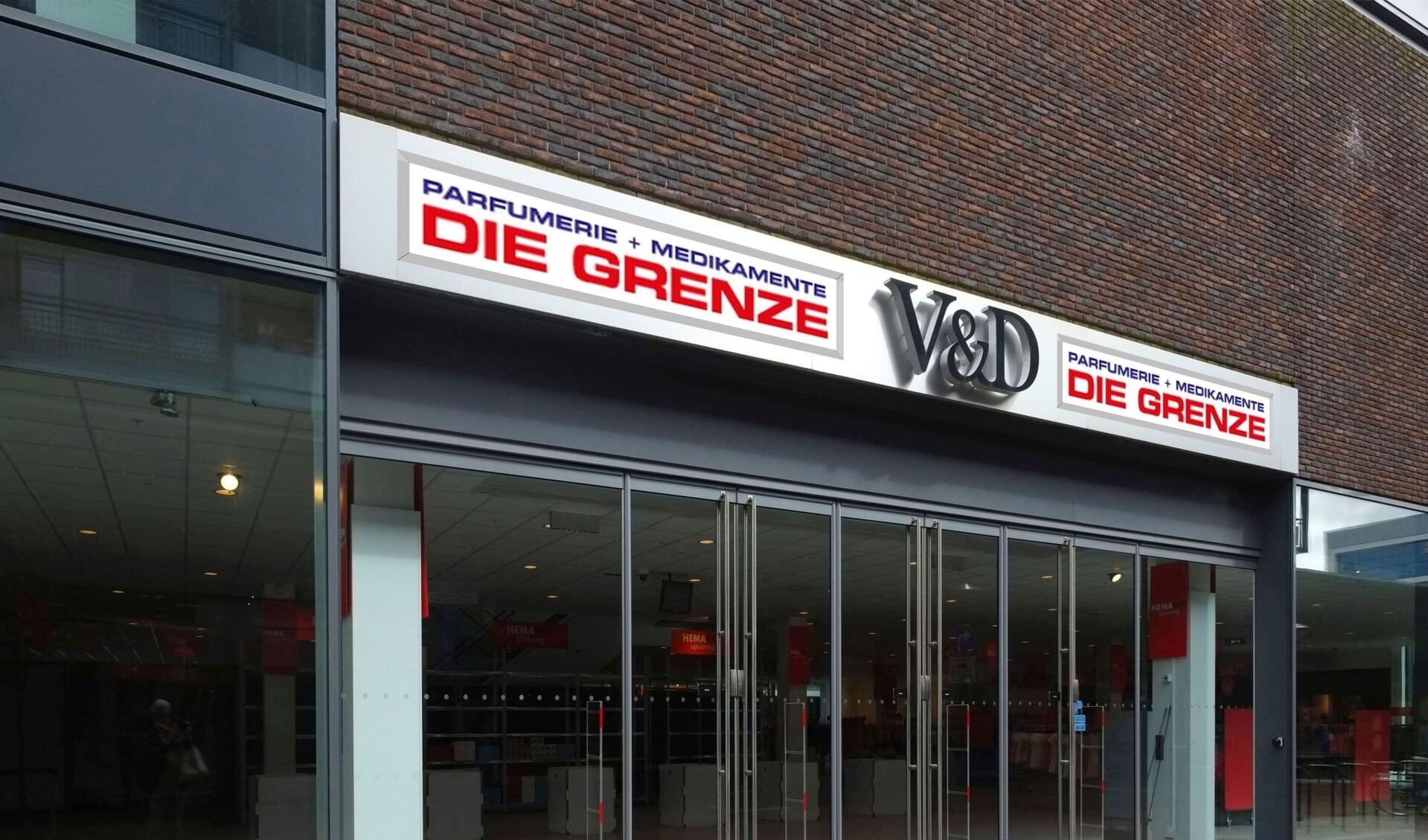 Een artists impression van het V&D-pand met Die Grenze-letters op de gevel.