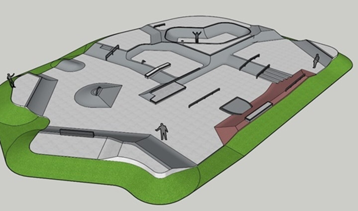 Het winnende schetsontwerp van Concrete Matters voor de nieuwe skatebaan aan de Treubstraat.