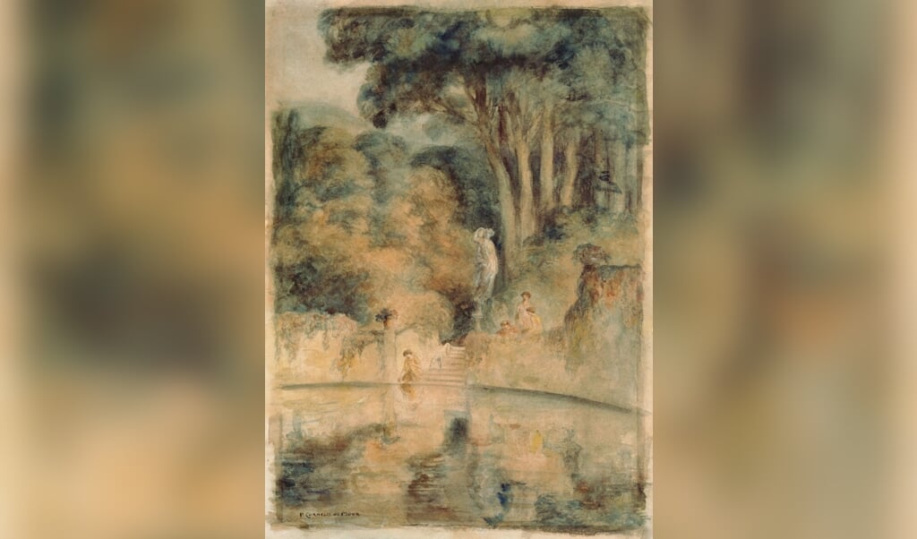 Ode aan het Stadspark: P.C. de Moor, Vijver in Park (aquarel, collectie RCE), Eendjes voeren 