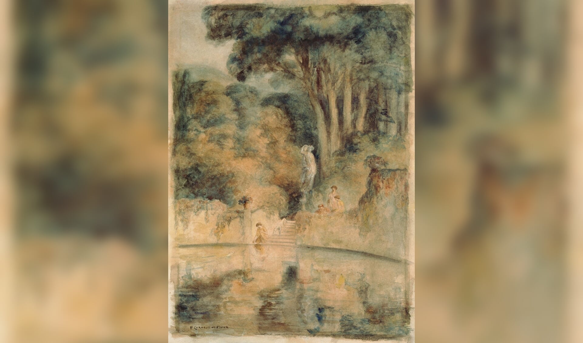 Ode aan het Stadspark: P.C. de Moor, Vijver in Park (aquarel, collectie RCE), Eendjes voeren 