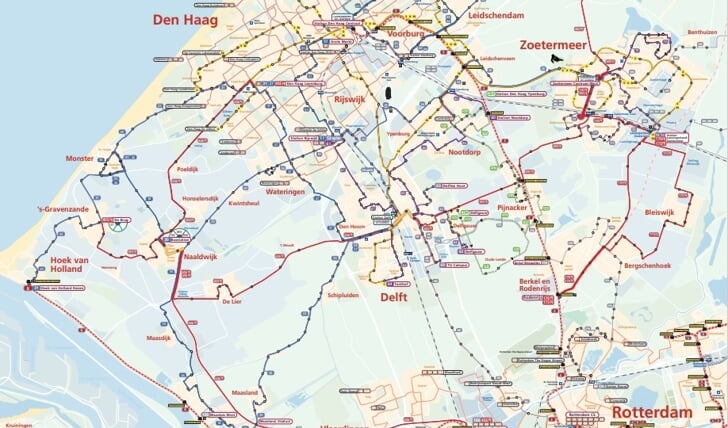 Deel lijnennetkaart regio Haaglanden: veel van de EBS-streekbussen in regio Westland en Den Haag rijden woensdag 1 juni niet.