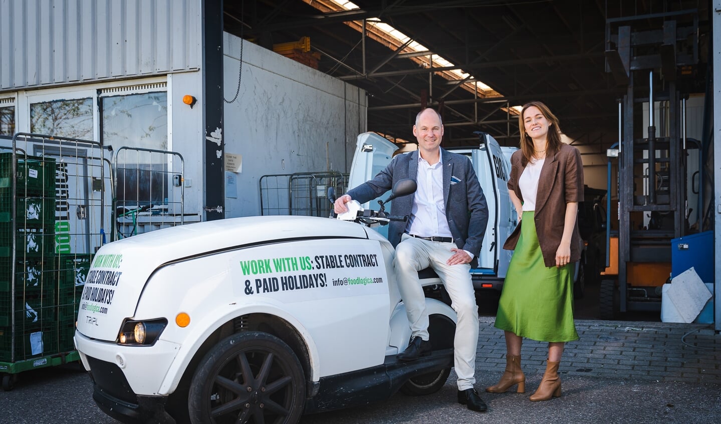 Eric Zwart en Simone Schoutens bij Foodlogica. Foodlogica is een van de bedrijven die al zorgt voor duurzamere thuisbezorgmaaltijden. Zij bezorgen gekoeld voedsel van lokale en duurzame merken met hun unieke 100% elektrische (bak)fietsen.