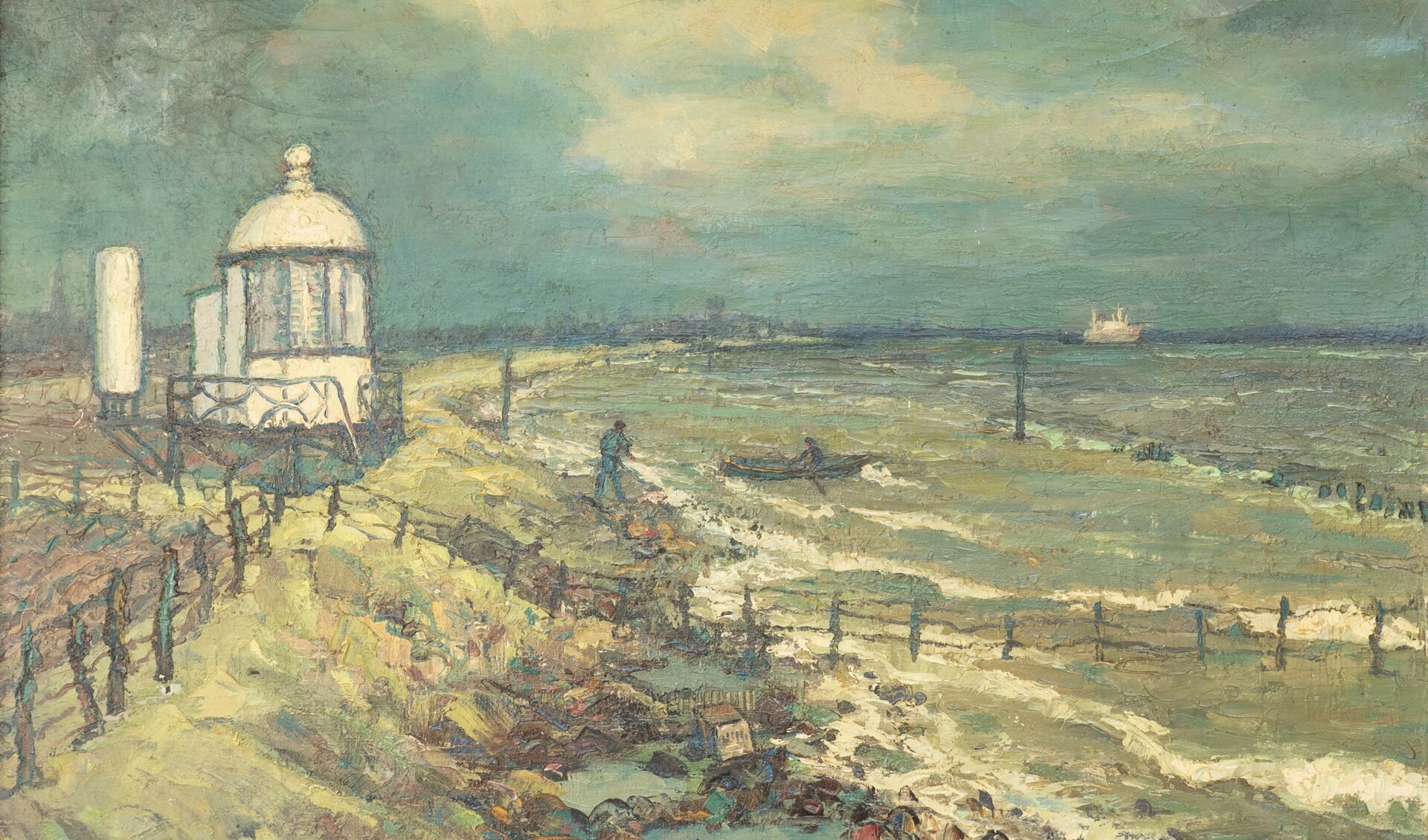Olieverfschilderij van Henk Fortuin, ‘Het Lage Licht langs de Waterweg’.