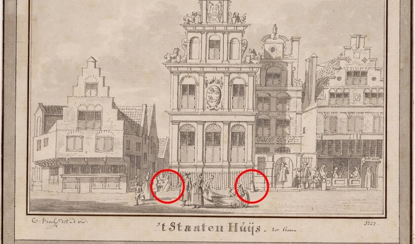 Prent van Cornelis Pronk uit 1727. In de rode cirkels zijn twee van de drie kanonnen te zien.