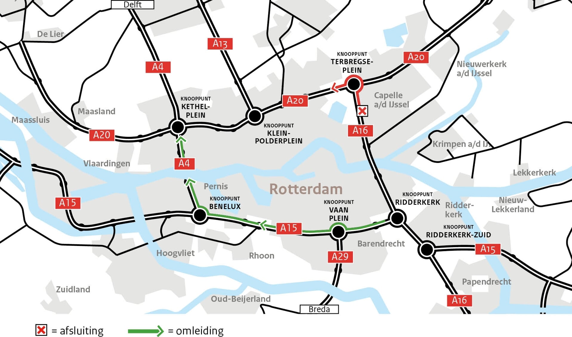 De verbindingsboog van de A16 naar de A20 richting Hoek van Holland is dit weekend afgesloten.
