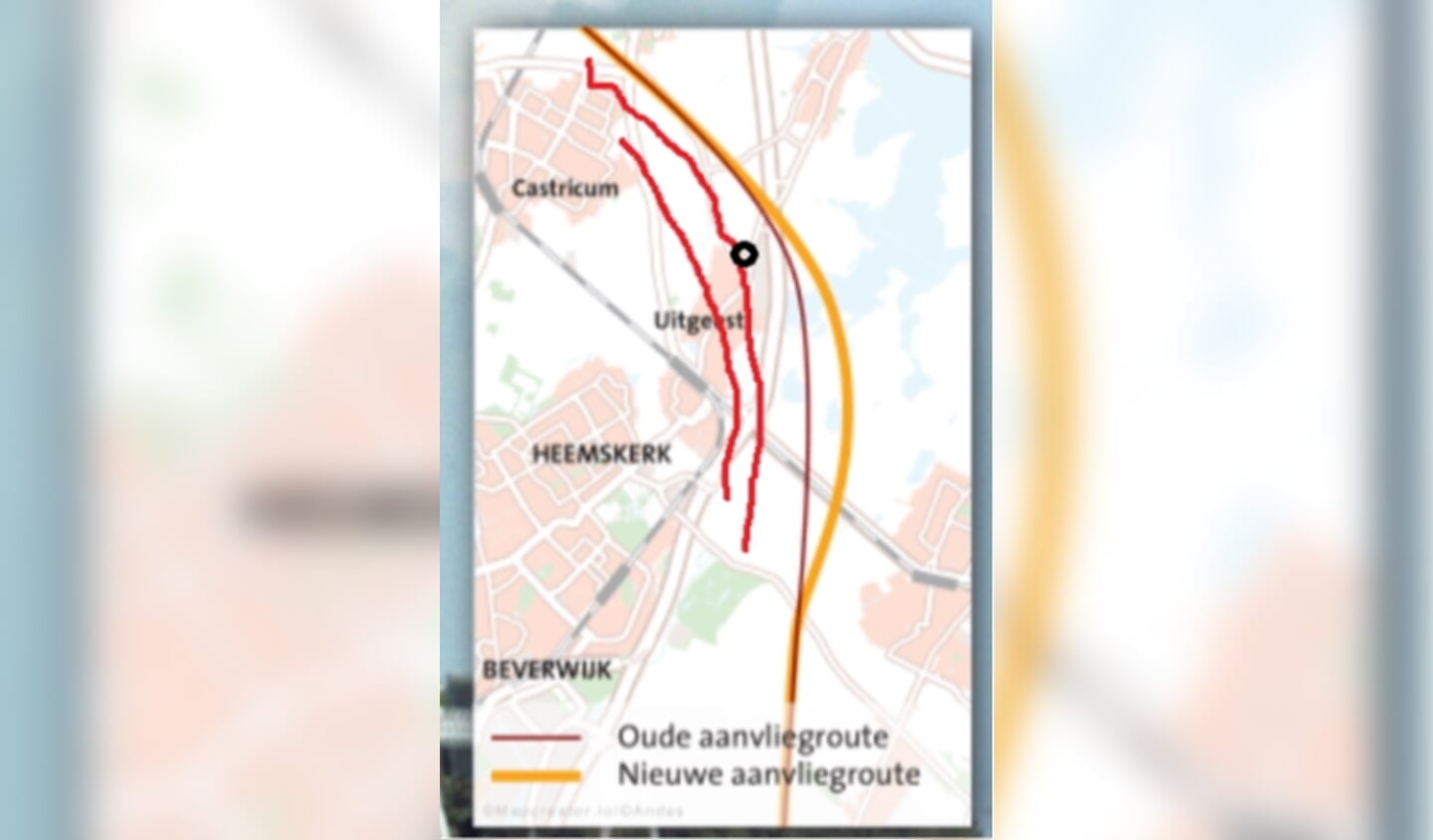 Rood: oude aanvliegroute. Geel: nieuwe aanvliegroute.