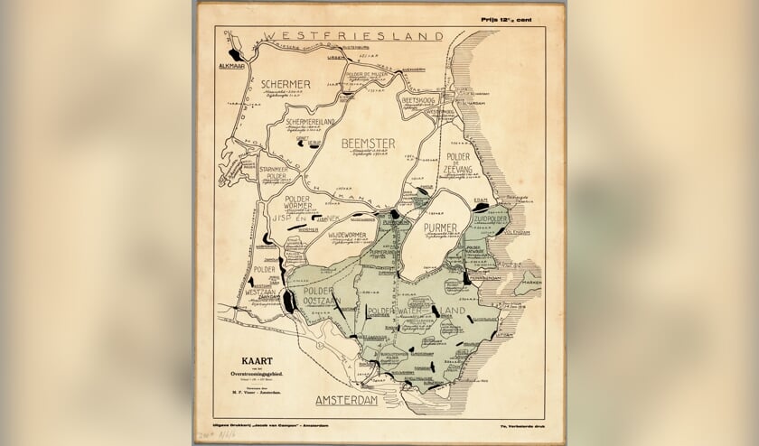 Kaart met het overstromingsgebied in de regio Waterland, watersnoodramp van 1916 .