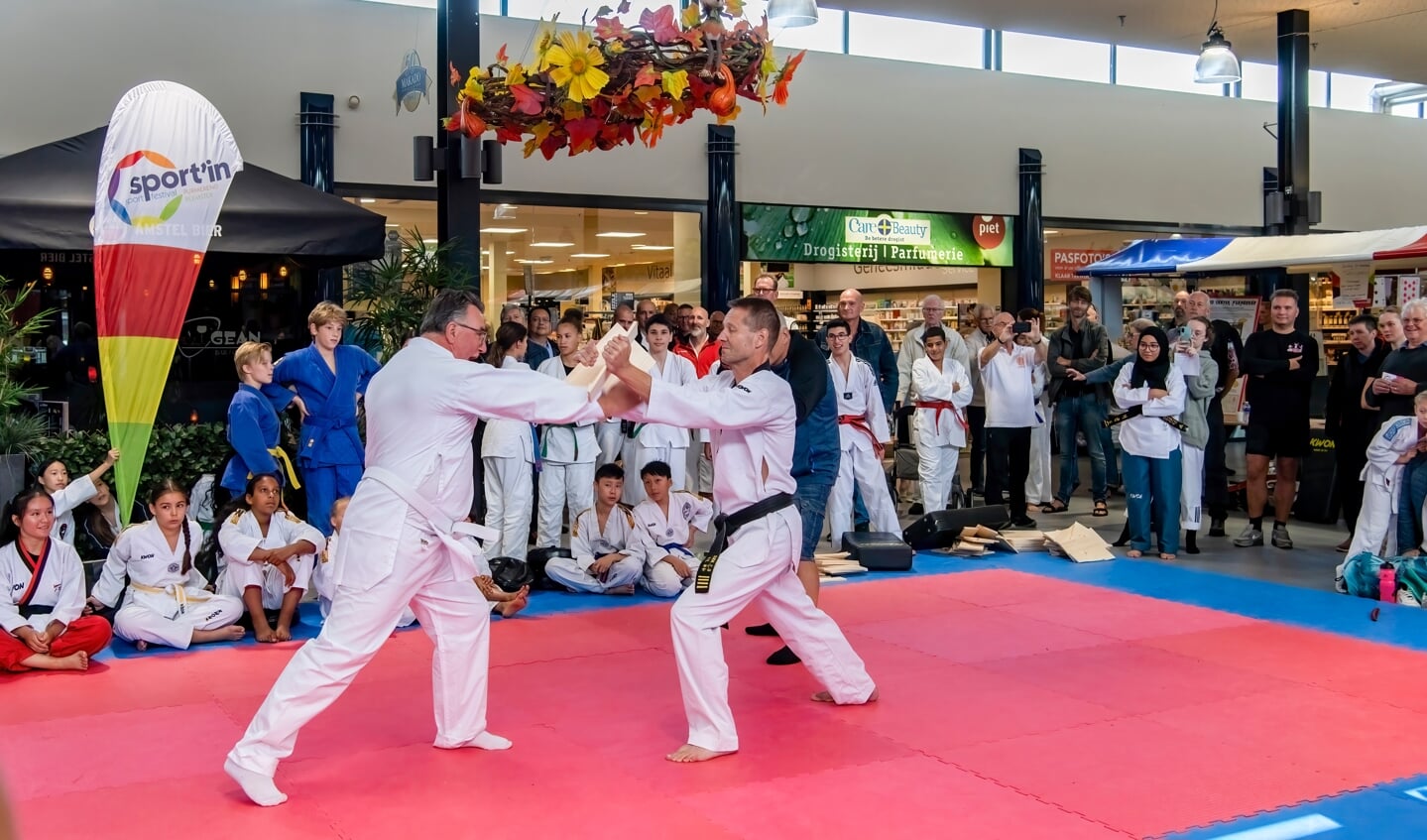 Mario Hegger (links) verruilde het colbert voor een judopak en liet zich verleiden tot een partijtje taekwondo.