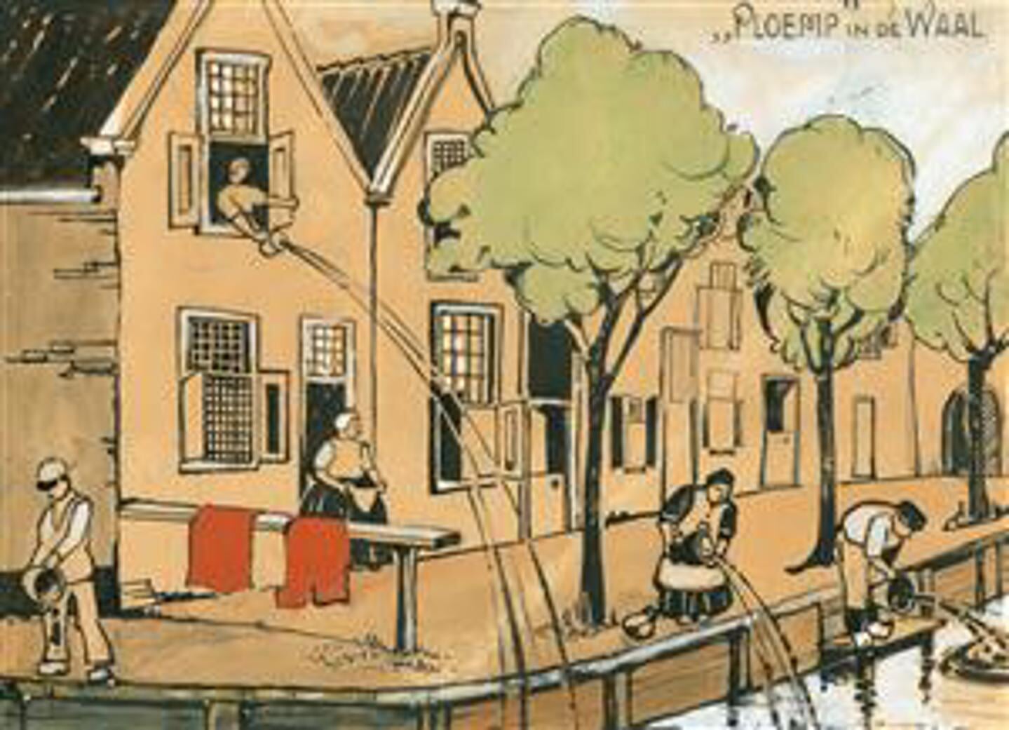 Op deze prent laat de kunstenaar ons zien hoe het eraan toeging voordat de Waal in 1869 werd gedempt. Beide prenten: Willem van ’t Woudt.