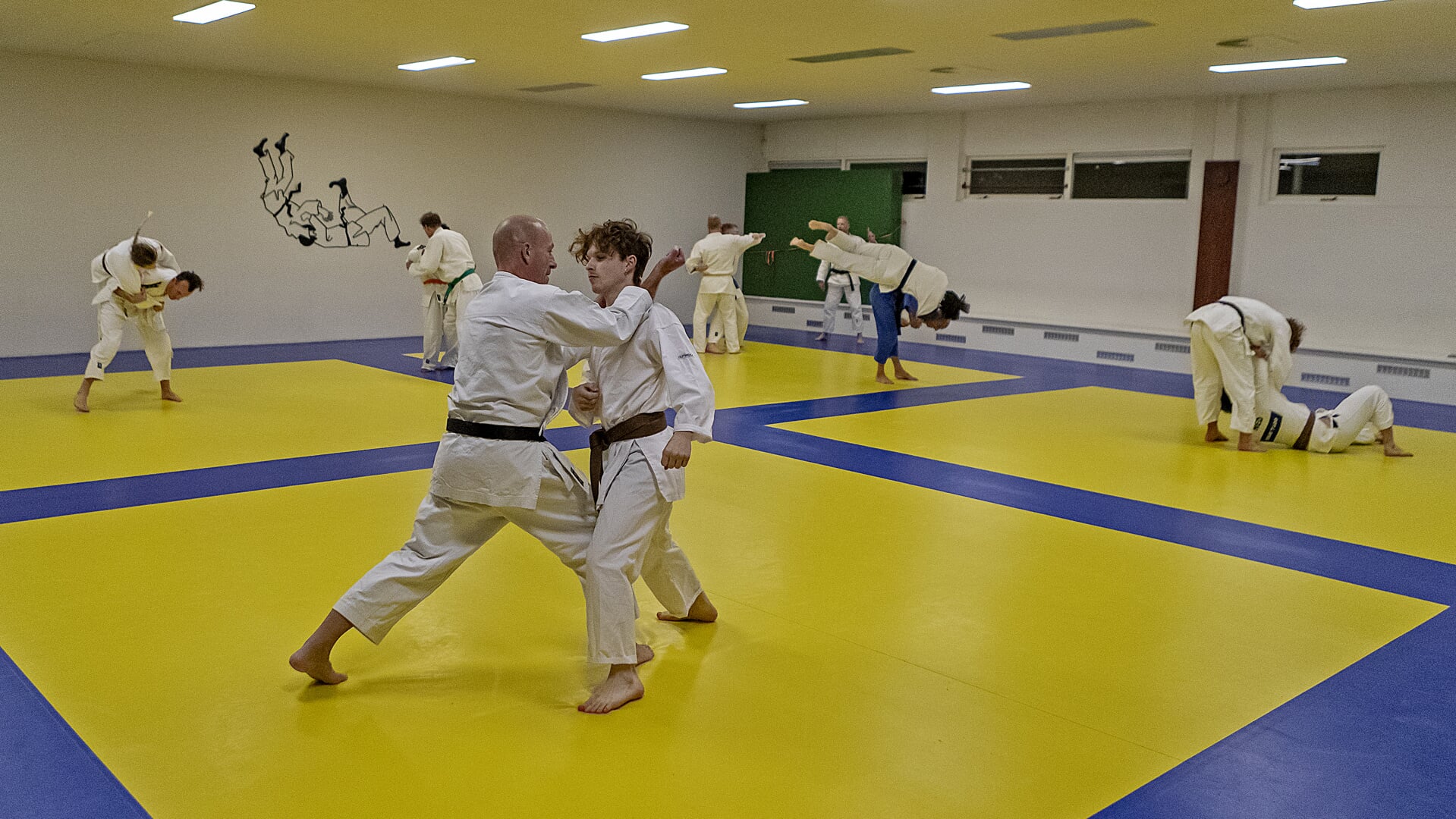 Een koppel karateka's en daarachter judoka's tijdens training.