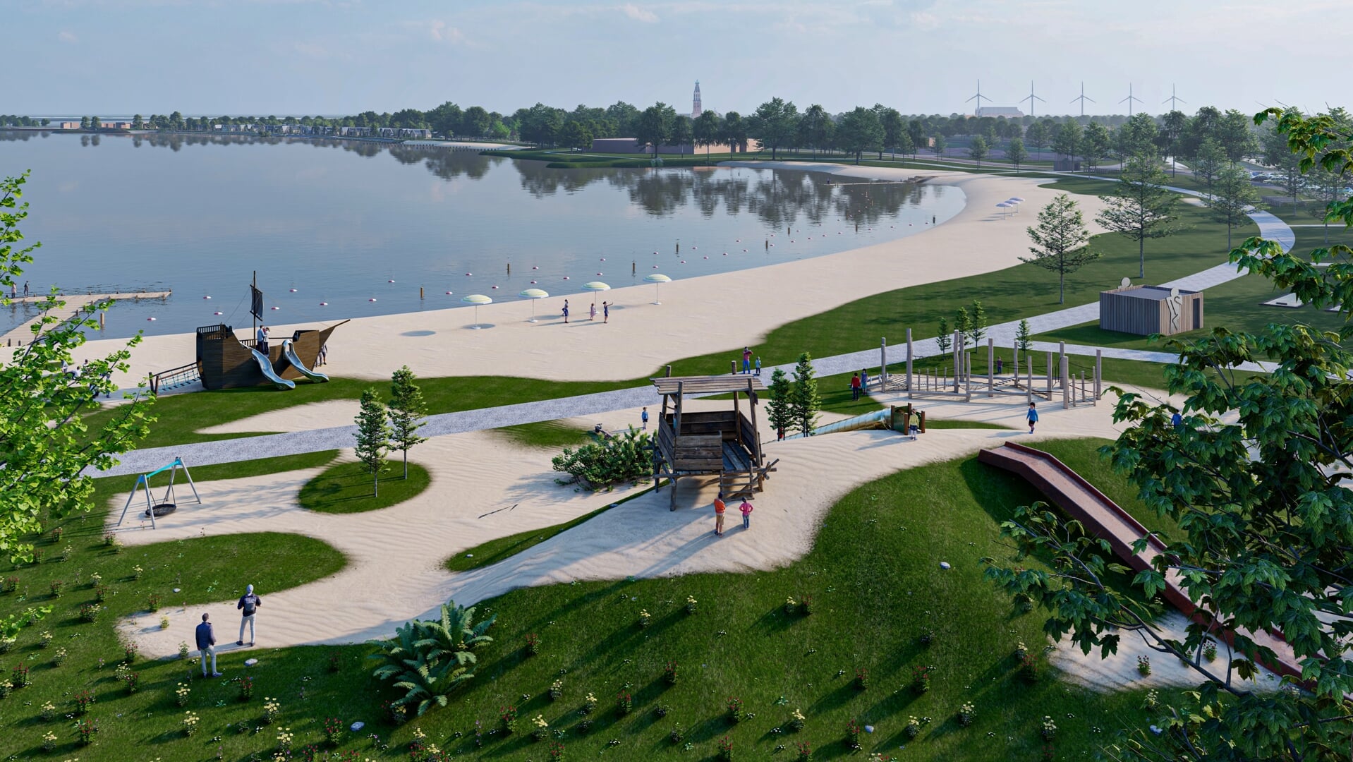 Een conceptfoto van het vernieuwde Enkhuizerzand, waar het zwembad onderdeel van uitmaakt.