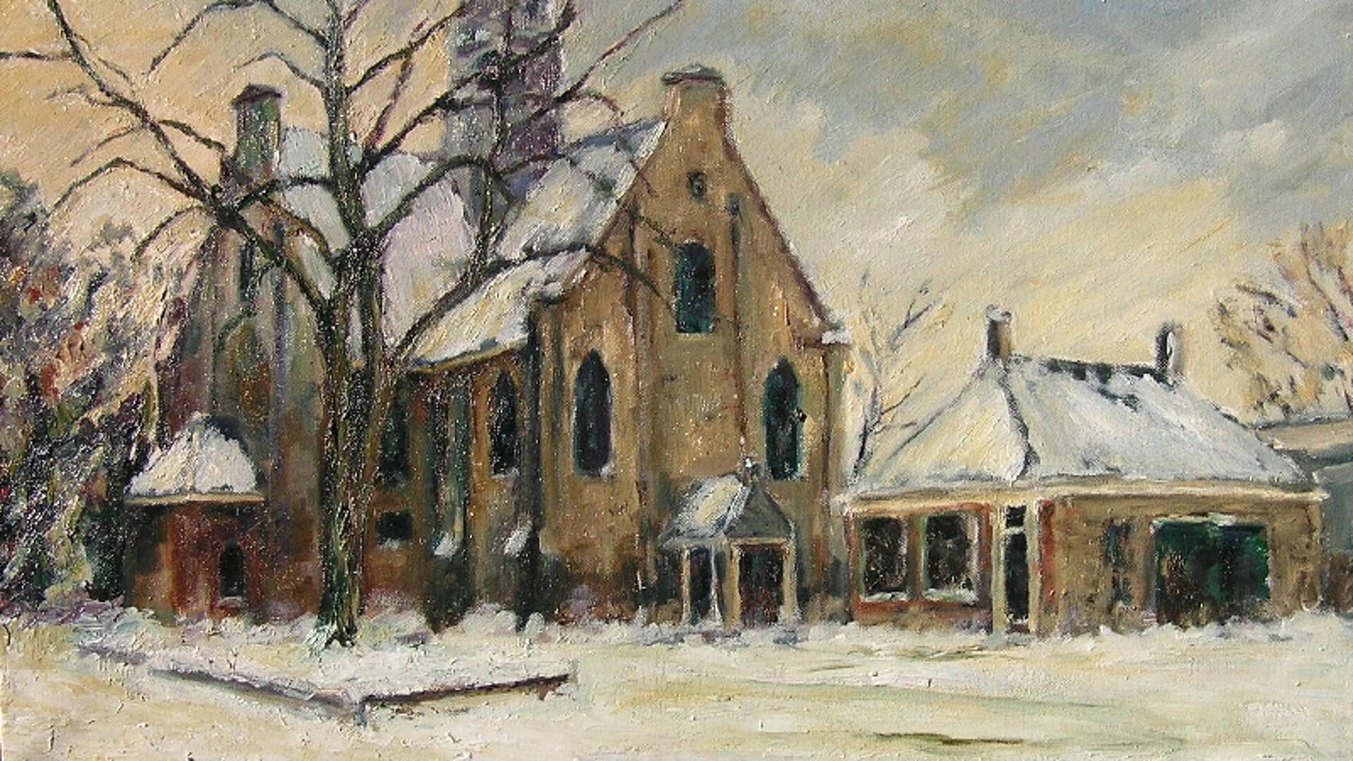 De Kogerkerk geschilderd in winterse sfeer. 