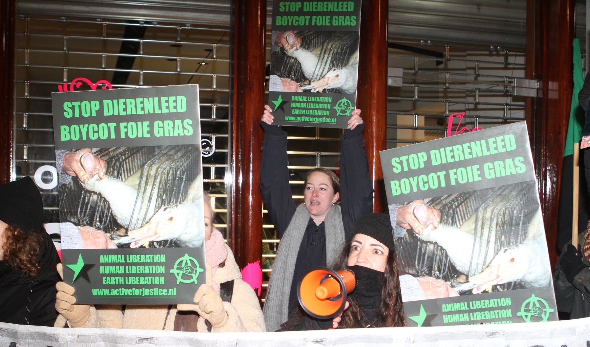 Active for Justice tijdens een van de eerdere demonstraties tegen foie gras.
