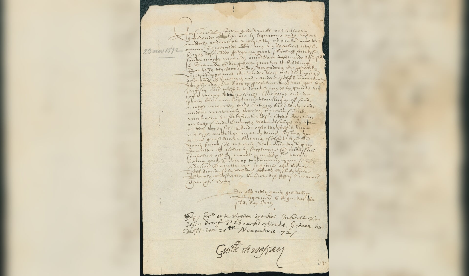 Document met handtekening van Willem van Oranje uit de collectie van het Westfries Archief, 1572.