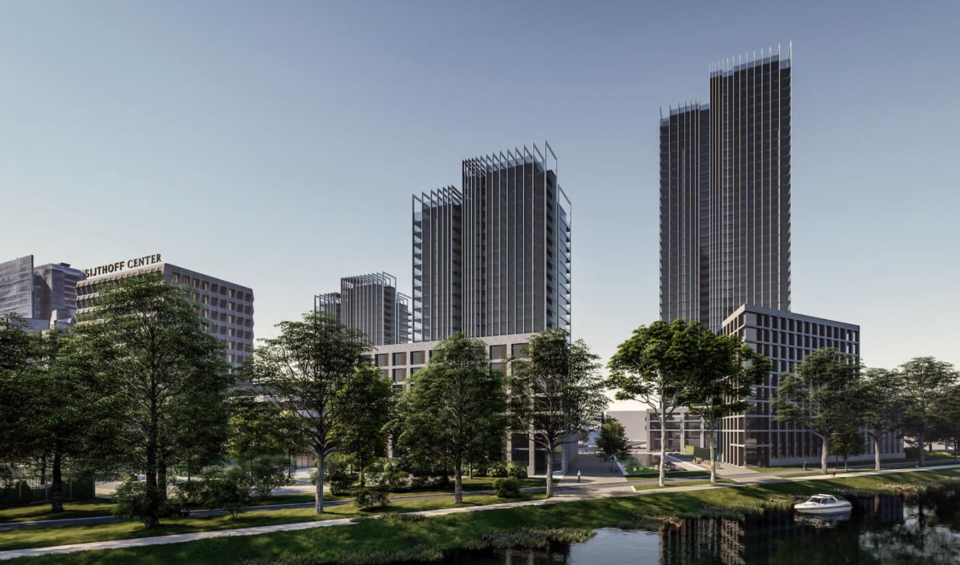 Op de Sijthofflocatie worden drie woontorens ontwikkeld. De hoogste wordt, volgens het huidige plan, hoger dan het EPO-gebouw. Links: het Sijthoff-gebouw.