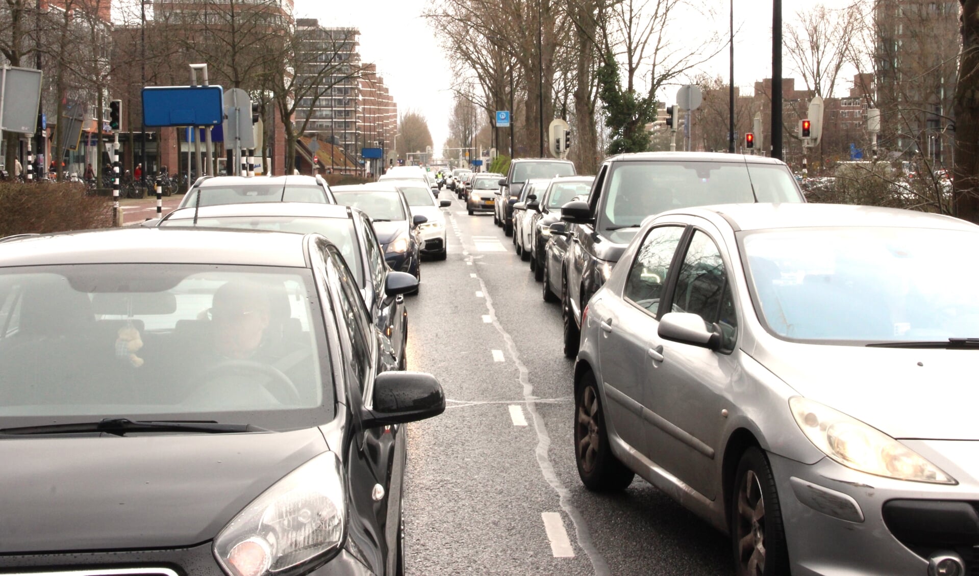 Een lange file met auto’s op de Prinses Beatrixlaan richting De Haag ter hoogte van De Bogaard.