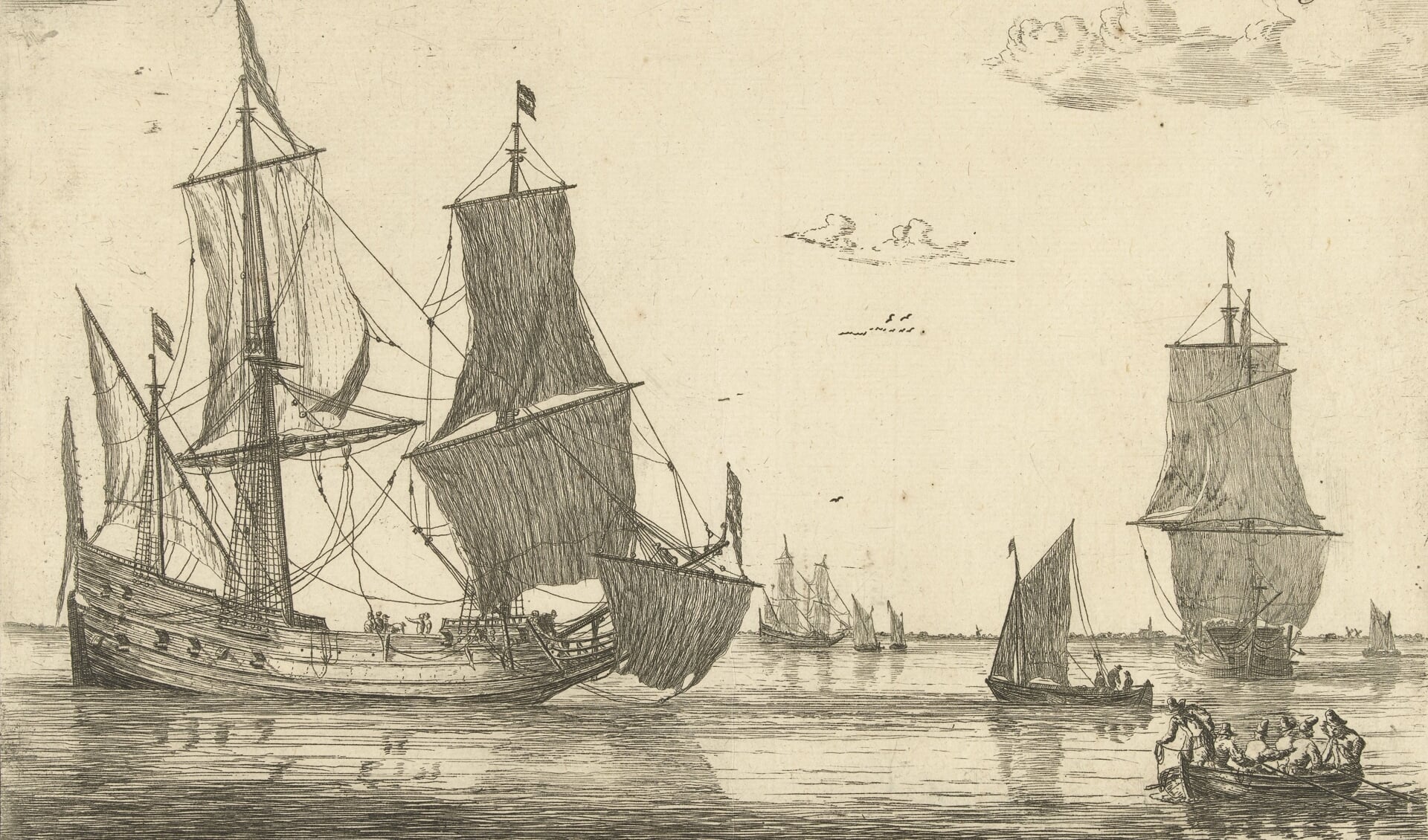 Een groot Nederlands fluitschip en andere schepen.