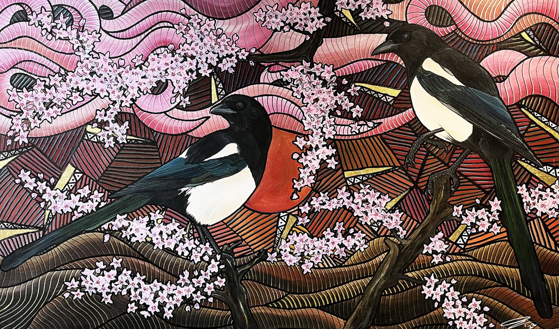 Schilderij: Magpies in the cherry blossom tree.