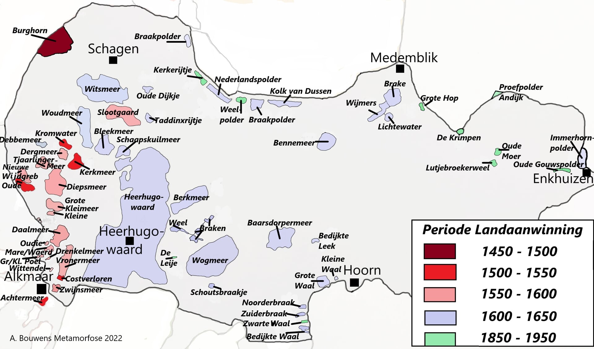 Een overzicht van de landaanwinning in Westfriesland.
