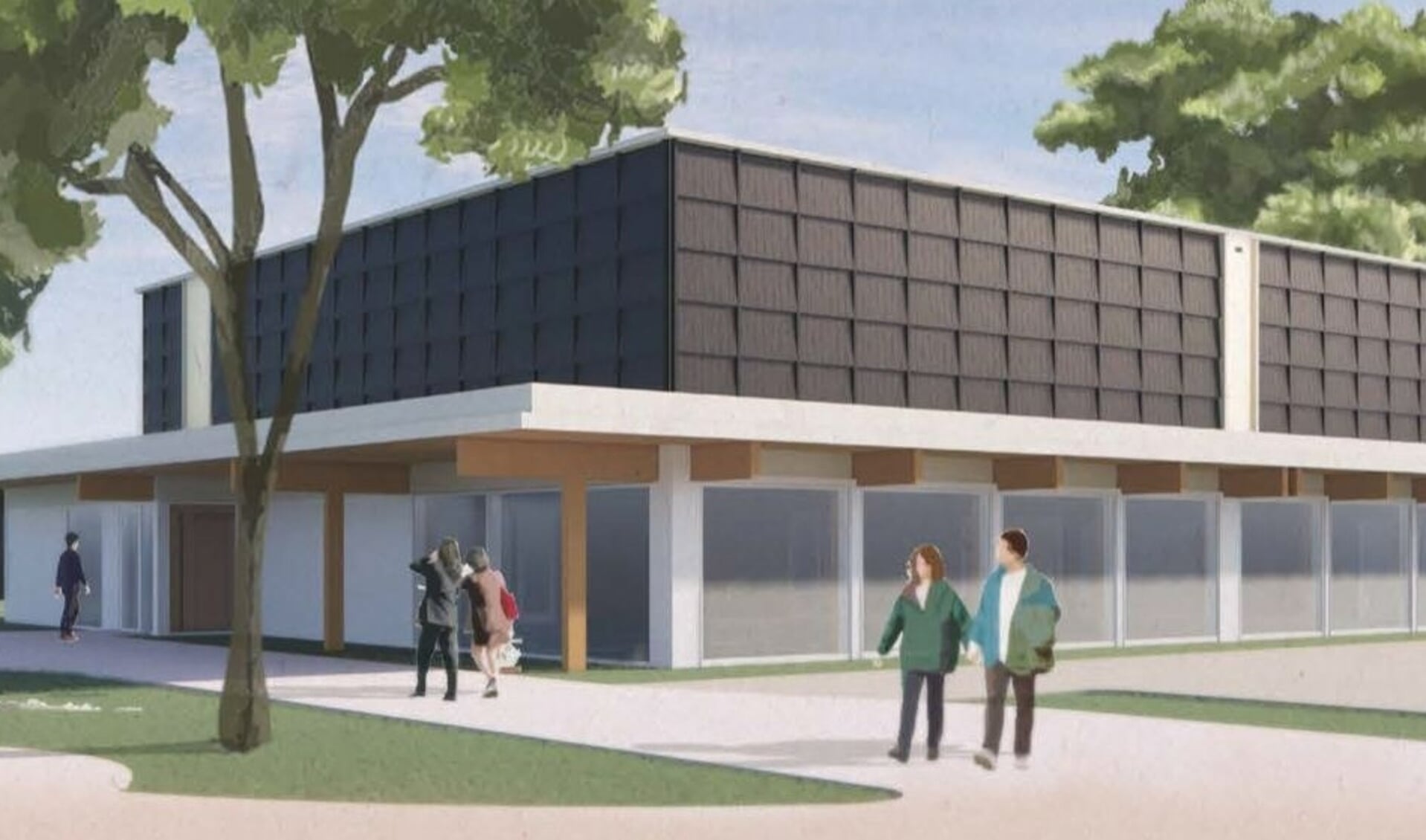 Impressie van het ontwerp van de nieuwe sportzaal. Een ontwerp van Slangen + Koenis architecten. 