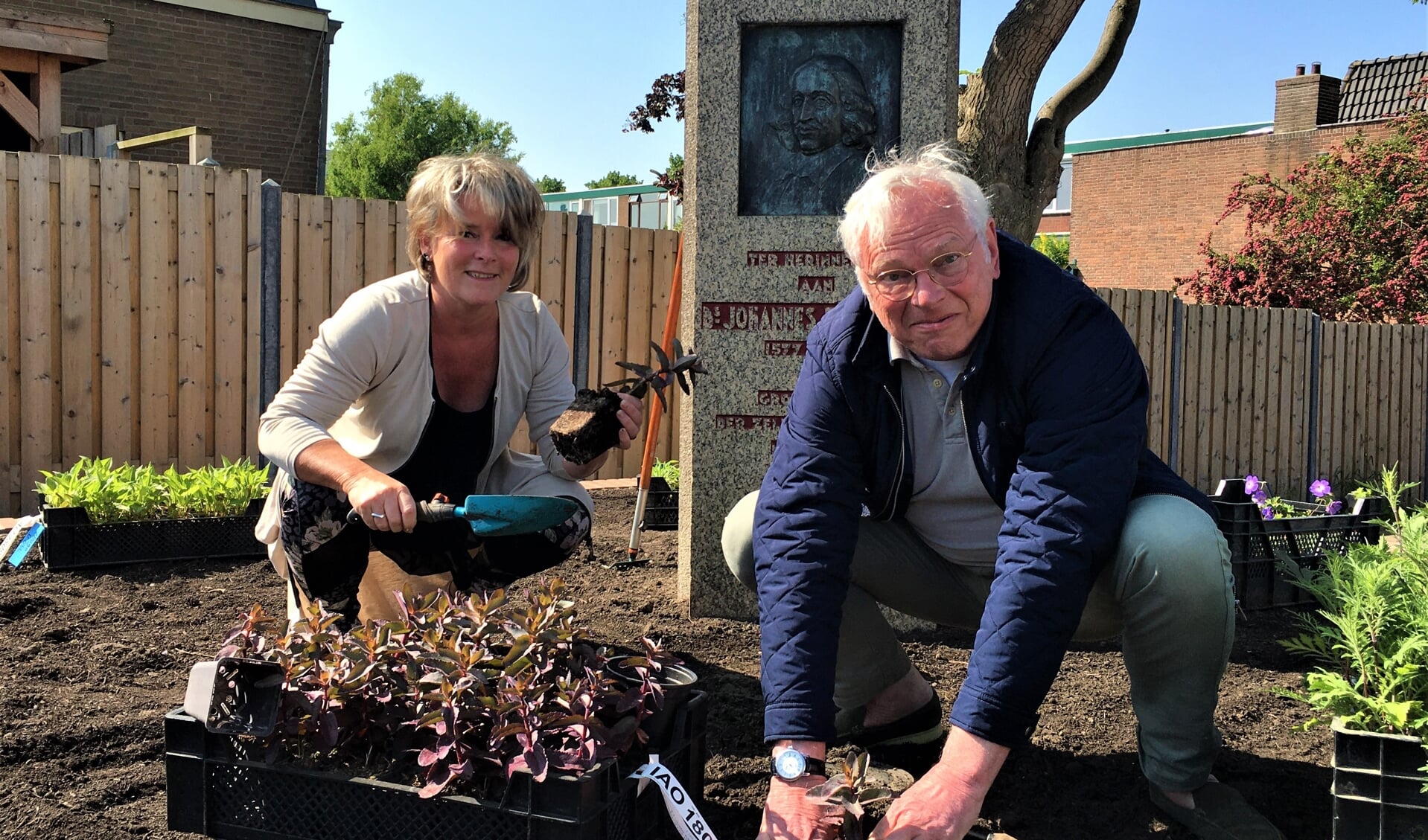 Buurtbewoner en een van de initiatiefnemers van de wijkdeal, Dasja Tiemens, plant samen met wethouder Sjef Evers (VVD) de eerste plantjes bij het monument van Fenacolius.