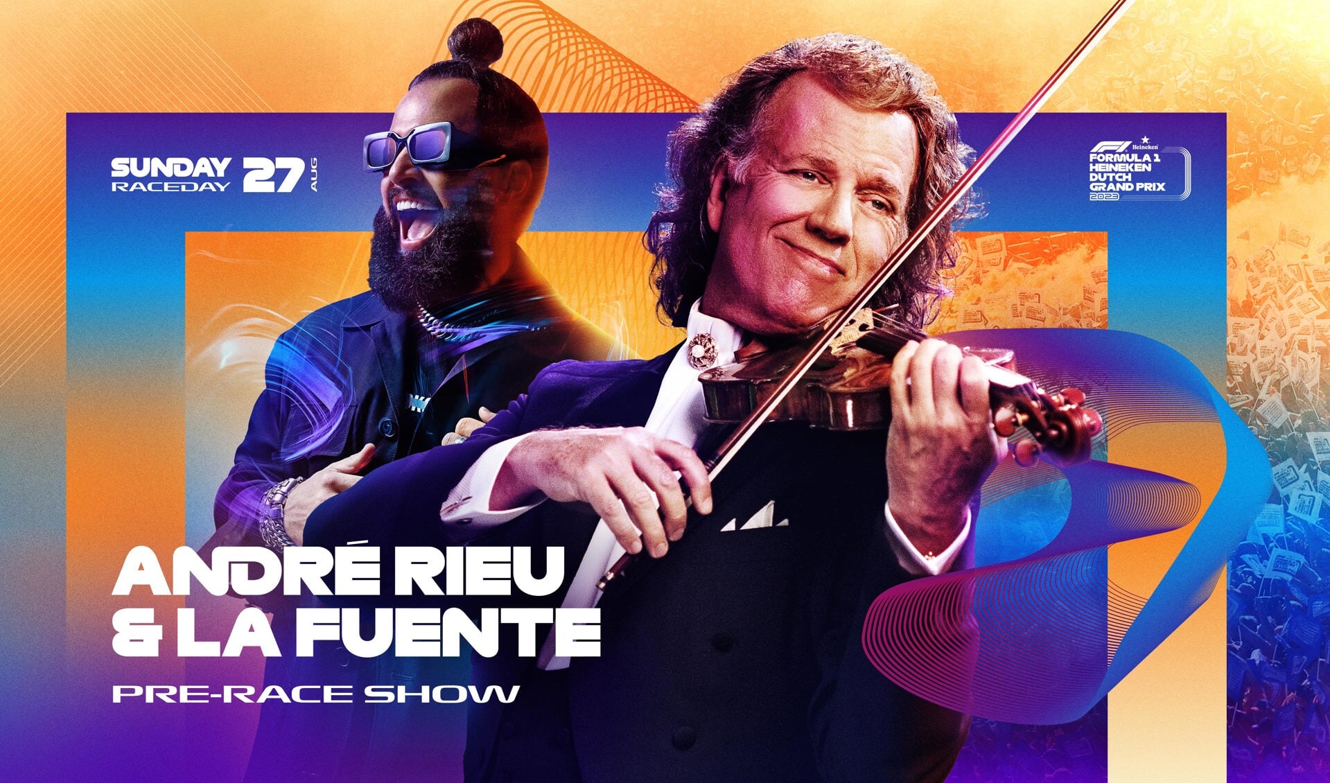André Rieu en DJ La Fuente treden samen op in de Pre Race show.