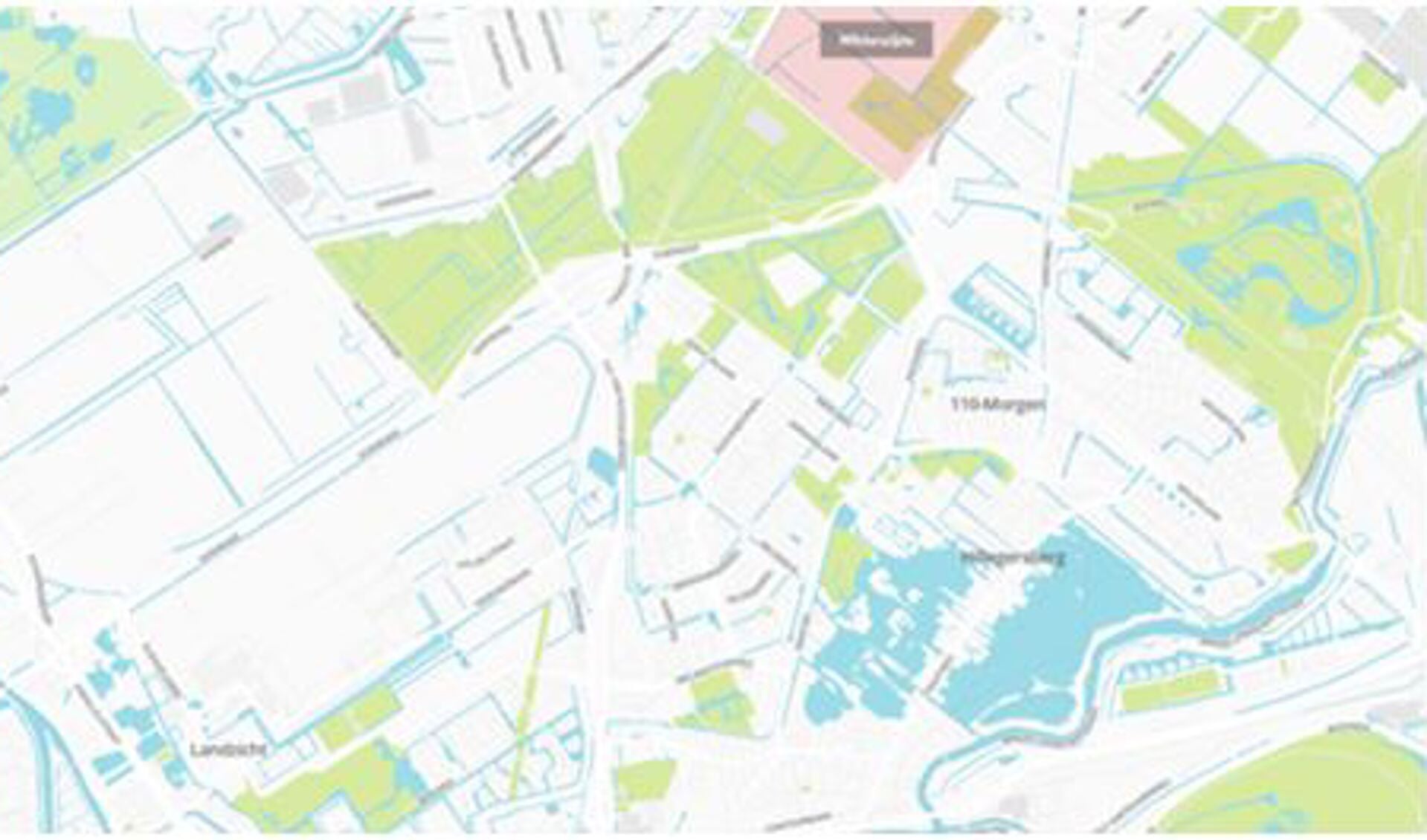 De plattegrond toont wel het aanwezige groen in de omgeving, maar ten zuiden van de Doenkade bevindt zich een grote witte plek waar het vliegveld met de landingsbaan ligt.