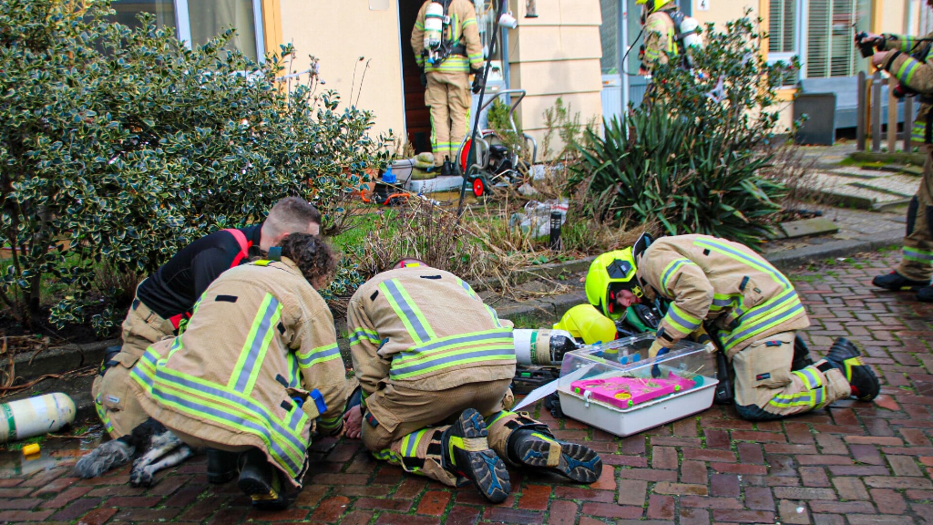 Brandweer mannen proberen het leven nog te redden van de Hond