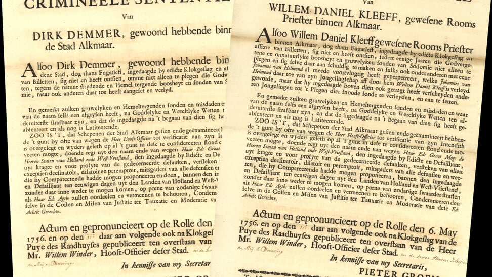 Vonnissen van 6 mei 1756 voor vier mannen beschuldigd van ‘sodomie’. De mannen werden voor eeuwig verbannen uit Holland en West-Friesland. 