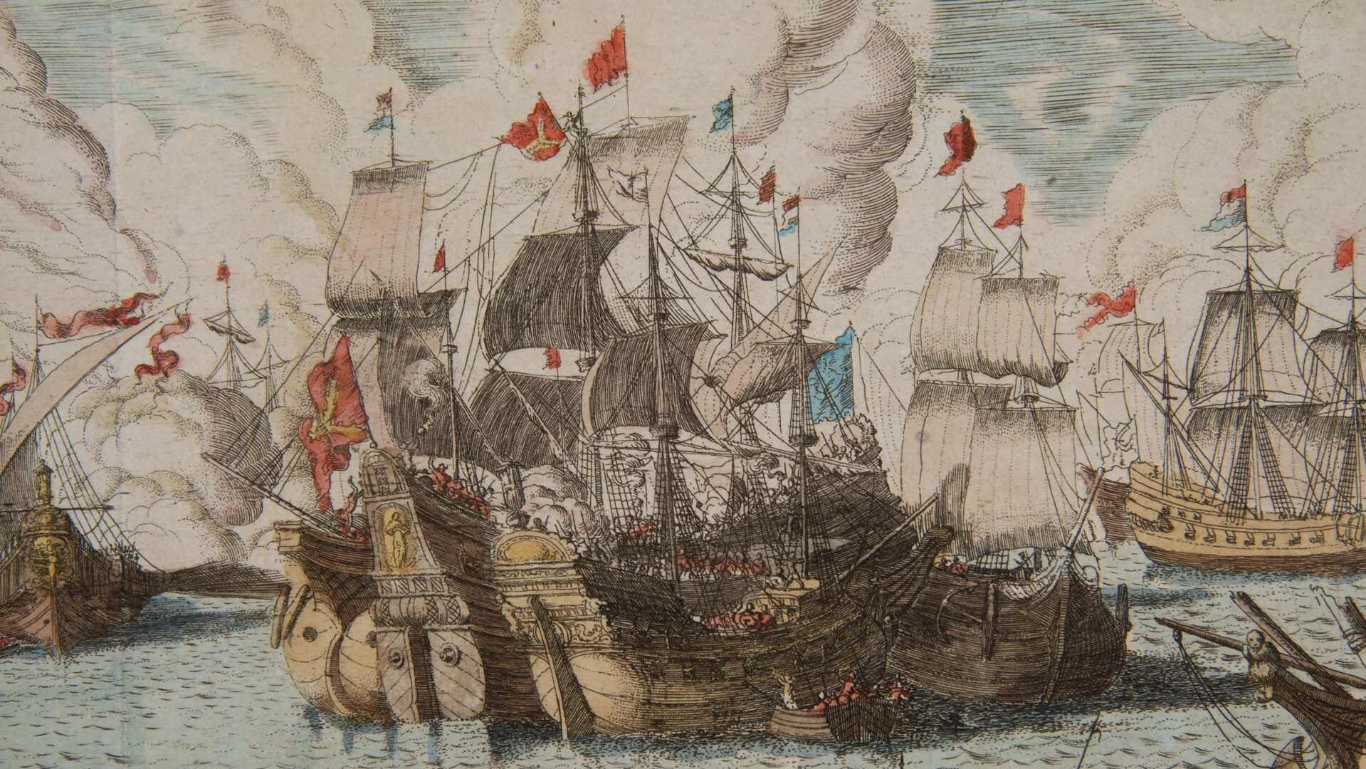Jan Luyken, De Slag op de Zuiderzee, (gravure 1677). Het Spaanse admiraalsschip de Inquisitie wordt op het Hoornse Hop verslagen door de Geuzen. 