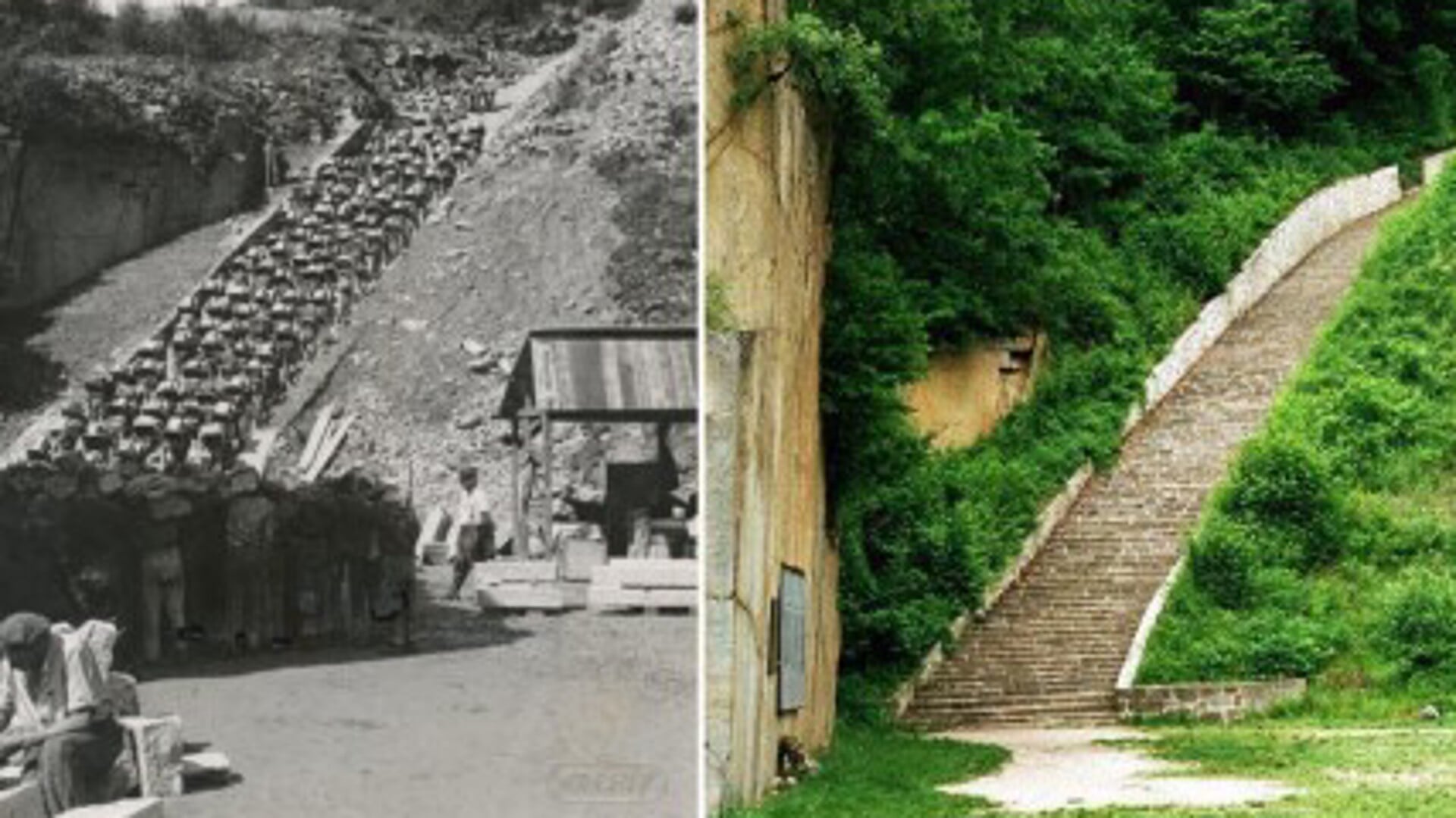 De trap des doods in concentratiekamp Mauthausen en de trap die er nu ligt. 