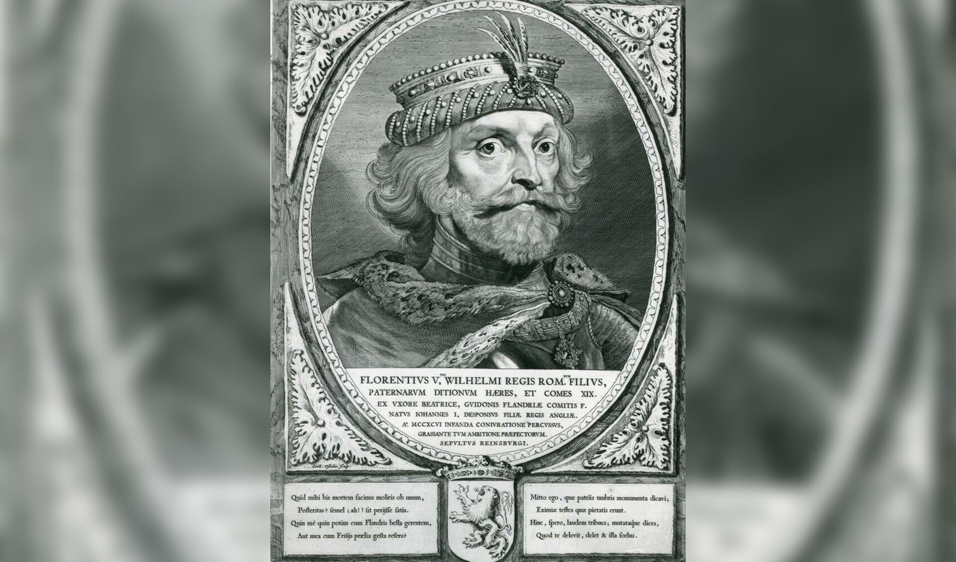 Foto van een prent waarop graaf Floris V (1254 tot 1296) is afgebeeld. De gravure is in 1650 gemaakt door Cornelis Visscher. 