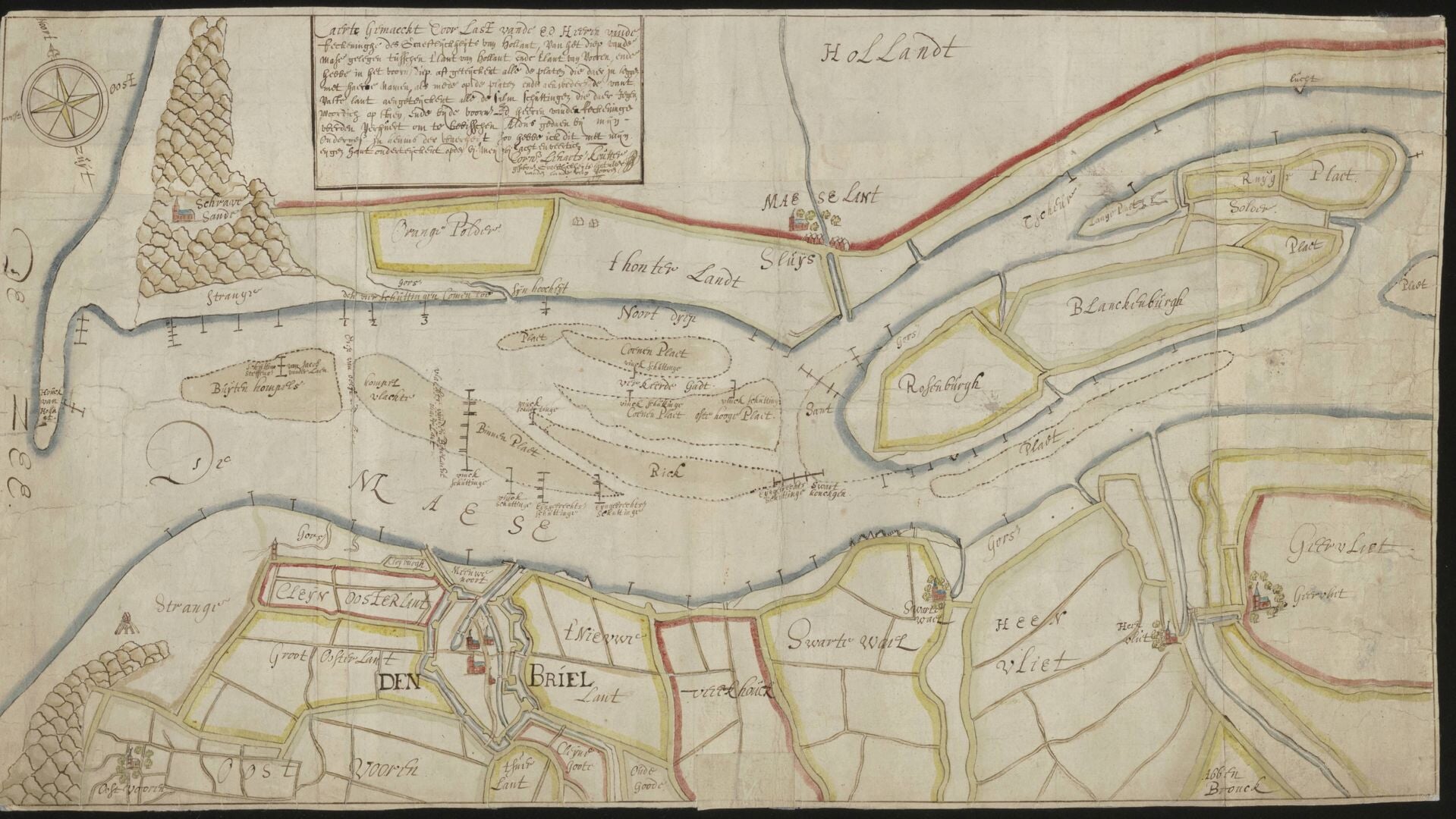 De Maasmond in 1648 laat de zandplaten zien, die later bij het eiland Rozenburg met Blankenburg zouden worden getrokken.