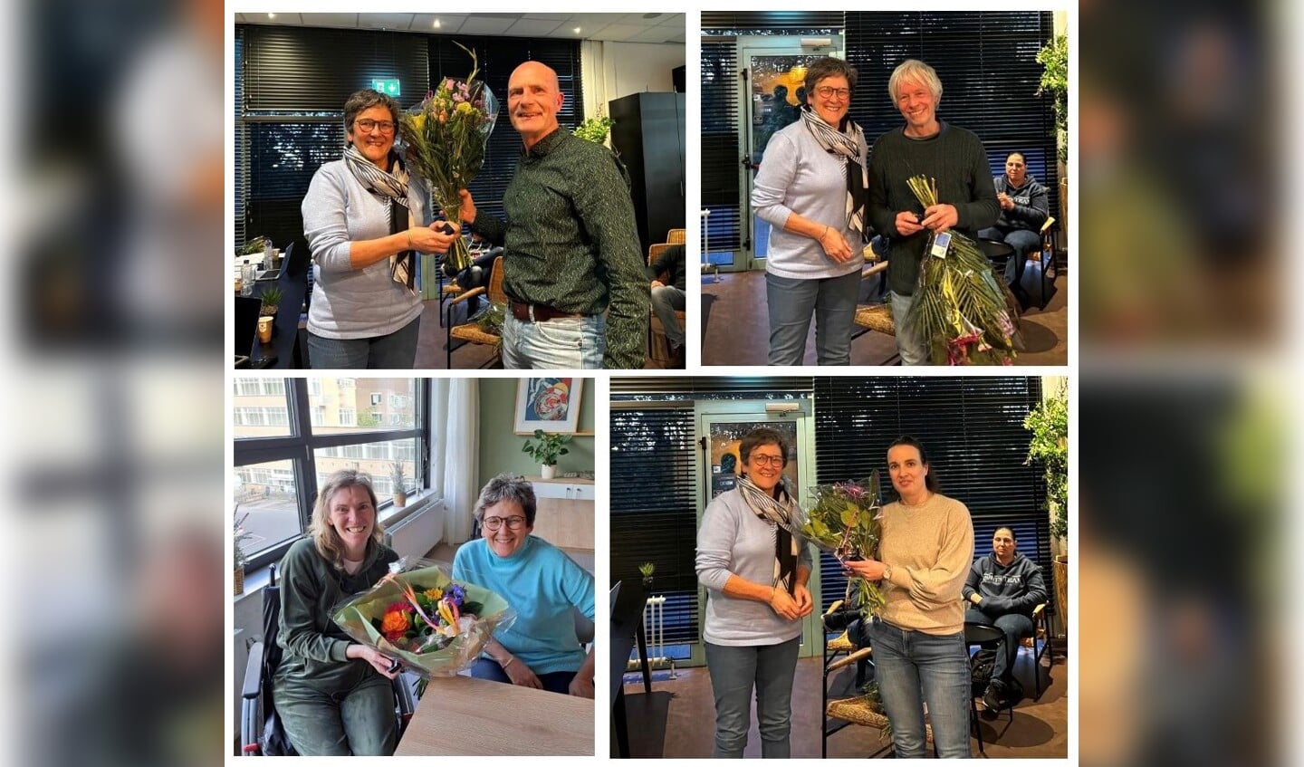 Uit handen van voorzitter Myra Houdijk ontvangen de jubilarissen bloemen en het ZVVS speldje: Sjaak Gieles, Emiel v.Elderen, Mariëlla Danse en Nadya Putter