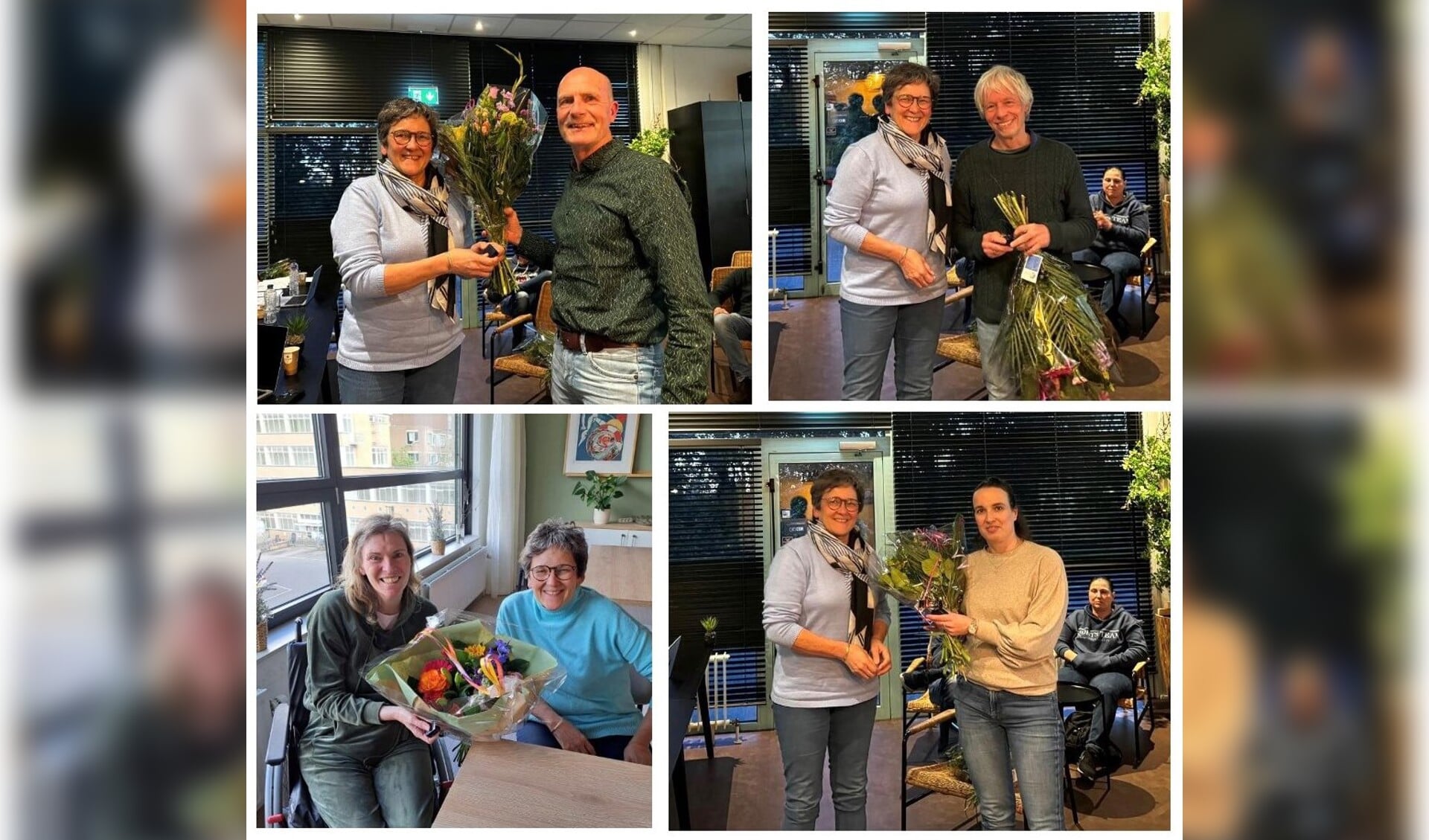 Uit handen van voorzitter Myra Houdijk ontvangen de jubilarissen bloemen en het ZVVS speldje: Sjaak Gieles, Emiel v.Elderen, Mariëlla Danse en Nadya Putter