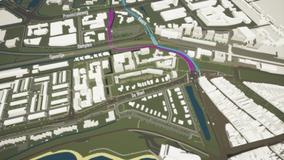 Deze variant heeft de gemeenteraad gekozen. Deze bestaat uit een nieuwe toegangsweg voor autoverkeer (paars) en een nieuwe toegangsweg voor fietsers en voetgangers (blauw). 